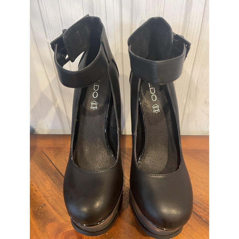 ALDO Fonda Ankle Strap Platform Leather Black Gray Stiletto Heels US 9